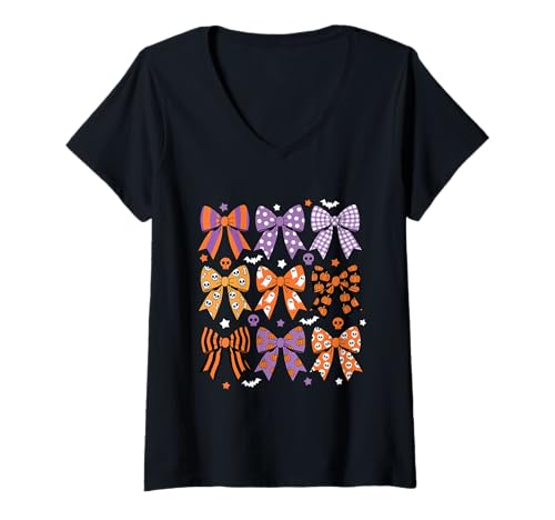 Damen Niedliche Halloween Kokette Schleife Geist Kürbis Gruseljahreszeit T-Shirt mit V-Ausschnitt Damen Niedliche Halloween Kokette Schleife Geist Kürbis Gruseljahreszeit T-Shirt mit V-Ausschnitt von Coquette Spooky Aesthetic