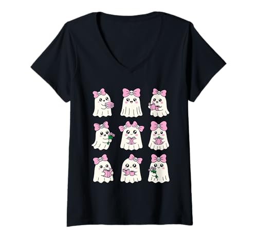 Damen Kokette Geister lesen Bücher Halloween Kürbis Herbst niedlich T-Shirt mit V-Ausschnitt Damen Kokette Geister lesen Bücher Halloween Kürbis Herbst niedlich T-Shirt mit V-Ausschnitt von Coquette Spooky Reads