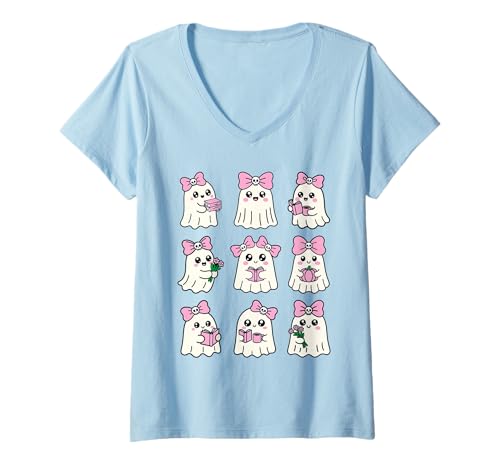 Damen Kokette Geister lesen Bücher Halloween Kürbis Herbst niedlich T-Shirt mit V-Ausschnitt Damen Kokette Geister lesen Bücher Halloween Kürbis Herbst niedlich T-Shirt mit V-Ausschnitt von Coquette Spooky Reads