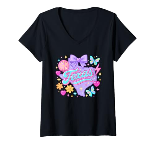 Damen Texas Y2K Coquette State Graphic mit Schleife und Schmetterlingen T-Shirt mit V-Ausschnitt Damen Texas Y2K Coquette State Graphic mit Schleife und Schmetterlingen T-Shirt mit V-Ausschnitt von Coquette State Aesthetic Designs