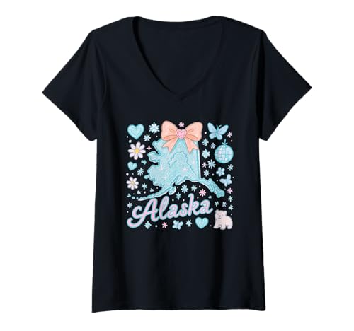 Damen Alaska State Aesthetic Design Preppy Coquette Pastell Style T-Shirt mit V-Ausschnitt Damen Alaska State Aesthetic Design Preppy Coquette Pastell Style T-Shirt mit V-Ausschnitt von Coquette State Aesthetics