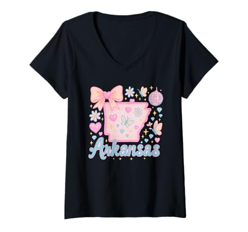 Damen Arkansas State Preppy Kokette Schleife Pastell Ästhetik T-Shirt mit V-Ausschnitt Damen Arkansas State Preppy Kokette Schleife Pastell Ästhetik T-Shirt mit V-Ausschnitt von Coquette State Collection