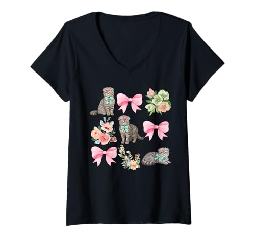 Damen Scottish Fold Cat Coquette Toile mit rosa Schleife und Blumenmuster T-Shirt mit V-Ausschnitt von Coquette Toile Pets