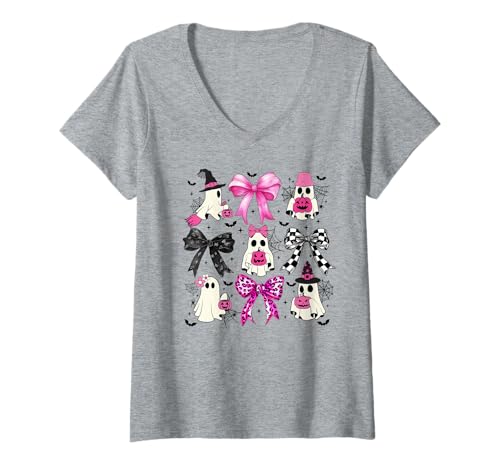 Damen kokette Schleife Halloween Geist T-Shirt mit V-Ausschnitt Damen kokette Schleife Halloween Geist T-Shirt mit V-Ausschnitt von Coquette bow Halloween apparel