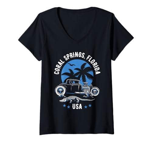 Damen Coral Springs Florida Sunset Hotrod Alligator-Design T-Shirt mit V-Ausschnitt von Coral Springs Florida USA Designs Souvenirs