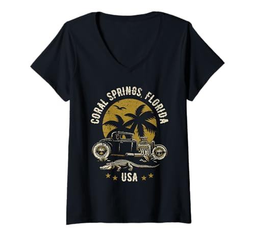 Damen Coral Springs Florida Sunset Hotrod Alligator-Design T-Shirt mit V-Ausschnitt von Coral Springs Florida USA Designs Souvenirs