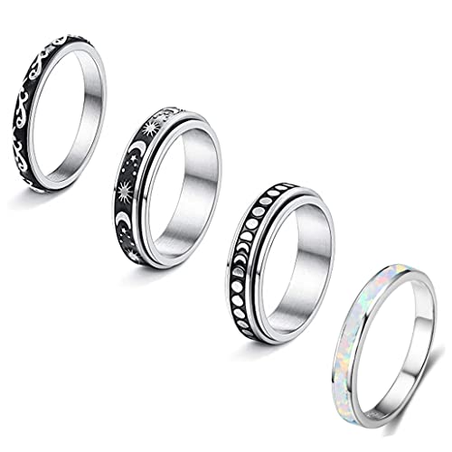 Corato 4 Stücke Edelstahl Ring Set für Herren Damen Silber Spinner Ring für Anxiety Stressabbauende Frauen Blauer Opalring für Hochzeit Verlobung Größe 52(16.6) von Corato