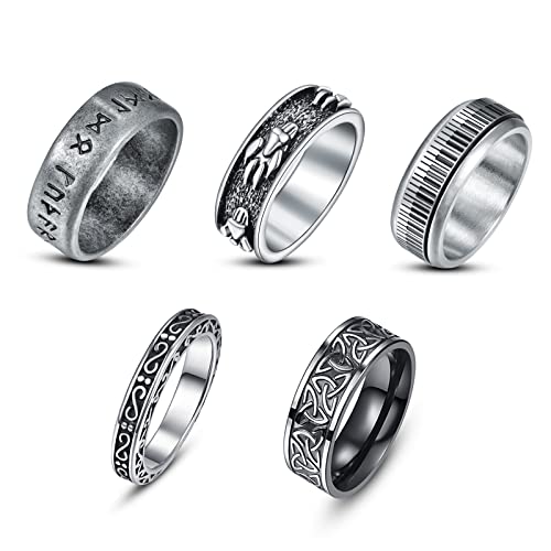 Corato 5 Stücke Edelstahl Herren Ring Set Punk Pfotenabdruck Hochzeit Ring Edelstahl Ring mit Vintage-Muster Silber Spinner Verlobung Ring für Damen Größe 62 (19.7) von Corato