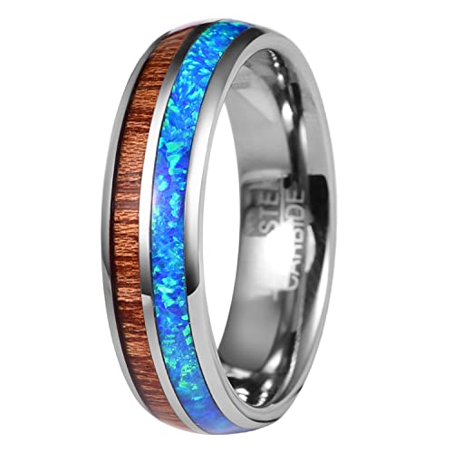 Corato 6mm Herren Damen Ring aus Wolframcarbid Friendship Partner ring mit Hawaii Koa Holz und Blau Opal Inlay Größe 58(18.5) von Corato