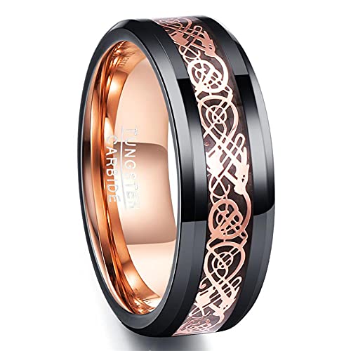 Corato 8mm Schwarz Ringe Herren Wolfram Ring Roségold Keltischer Drachen Eheringe Abgeschrägte Kanten Größe 58(18.5) von Corato