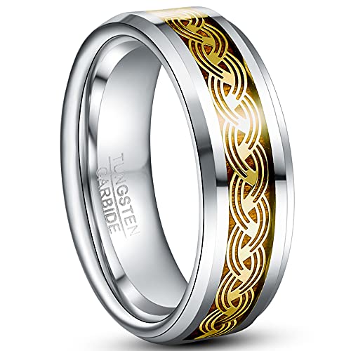 Corato 8mm Gold Wolframcarbid Ring mit Keltisches Muster Inlay Silber Verlobung Ring für Herren Damen Hoch Poliert Größe 65(20.7) von Corato