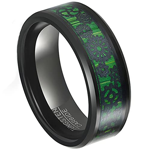 Corato 8mm Grün Kohlefaser Ring Wolframcarbid Steampunk Zahnrad Schwarz Ring Hochzeit Verlobungring für Herren Damen Größe 62(19.7) von Corato