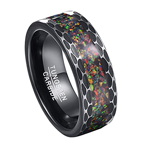 Corato 8mm Schwarz Ringe Herren Wolfram Ring Bunt Opal Eheringe Verlobungring mit Facettierte/Gehämmerte Kanten Größe 65(20.7) von Corato