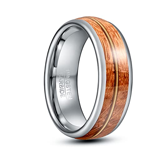 Corato 8mm Herren Wolfram Ringe mit Gold Gitarrensaite und Hawaii Koa Holz Inlay Verlobungsband Silber Kuppel Hochzeitsring Komfort Fit Größe 54.4(17.3) von Corato