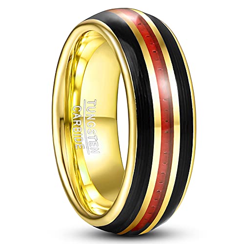 Corato 8mm Herren Wolfram Schwarz Ring mit Rot Kohlefaser und Gitarrensaite Inlay Gold Jahrestag Ring Hoch Polished Größe 62(19.7) von Corato