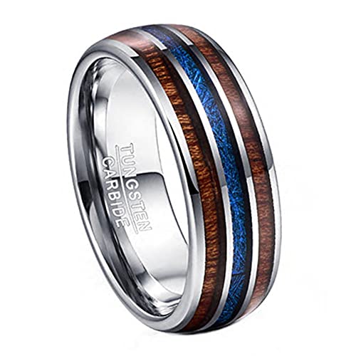 Corato 8mm Wolframcarbid Verlobung Ring für Herren Hawaii Koa Holz und Blau Meteorit Silber Kuppelstil Größe 68.5(21.8) von Corato