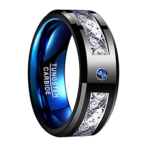 Corato Blau Zirkonia Verlobung Ring für Herren Damen 8mm Schwarz Wolfram Keltische Dreifachspirale Ring with Kohlefaser Inlay Poliertes Finish Größe 65(20.7) von Corato