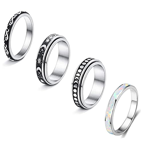 Corato Edelstahl Damen Ring Set Silber Opal Hochzeit Ring für Frauen Punk Spin Freundschaftsring für Anxiety Stressabbauende Größe 60(19.1) von Corato