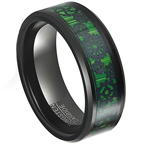 Corato Herren 8mm Steampunk Wolframcarbid Ring mit Zahnrad und Grün Kohlefaser Inlay Schwarz Hochzeit Verlobung Ring Größe 54.4(17.3) von Corato