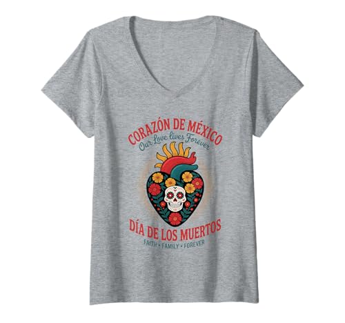 Damen Mexikanischer Herztag der Toten - Die Liebe lebt weiter T-Shirt mit V-Ausschnitt Damen Mexikanischer Herztag der Toten - Die Liebe lebt weiter T-Shirt mit V-Ausschnitt von Corazón de México - Día de los Muertos