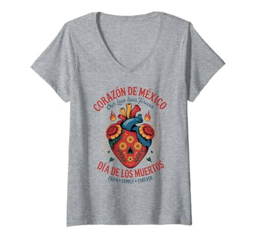 Damen Mexikanisches Herz Dia de los Muertos - Love Lives On T-Shirt mit V-Ausschnitt Damen Mexikanisches Herz Dia de los Muertos - Love Lives On T-Shirt mit V-Ausschnitt von Corazón de México - Día de los Muertos