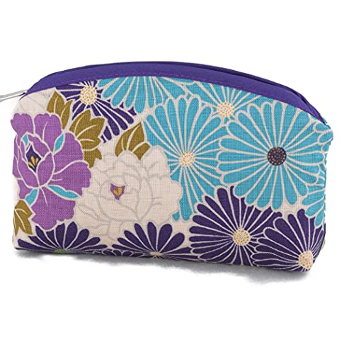 Kleine Makeup Tasche für Damen Mädchen (Retro Blume/Violett) Made in Japan Baumwolle Reiß Verschlusstasche Japanische Kosmetiktasche Schminktäschchen Klein von Corazon