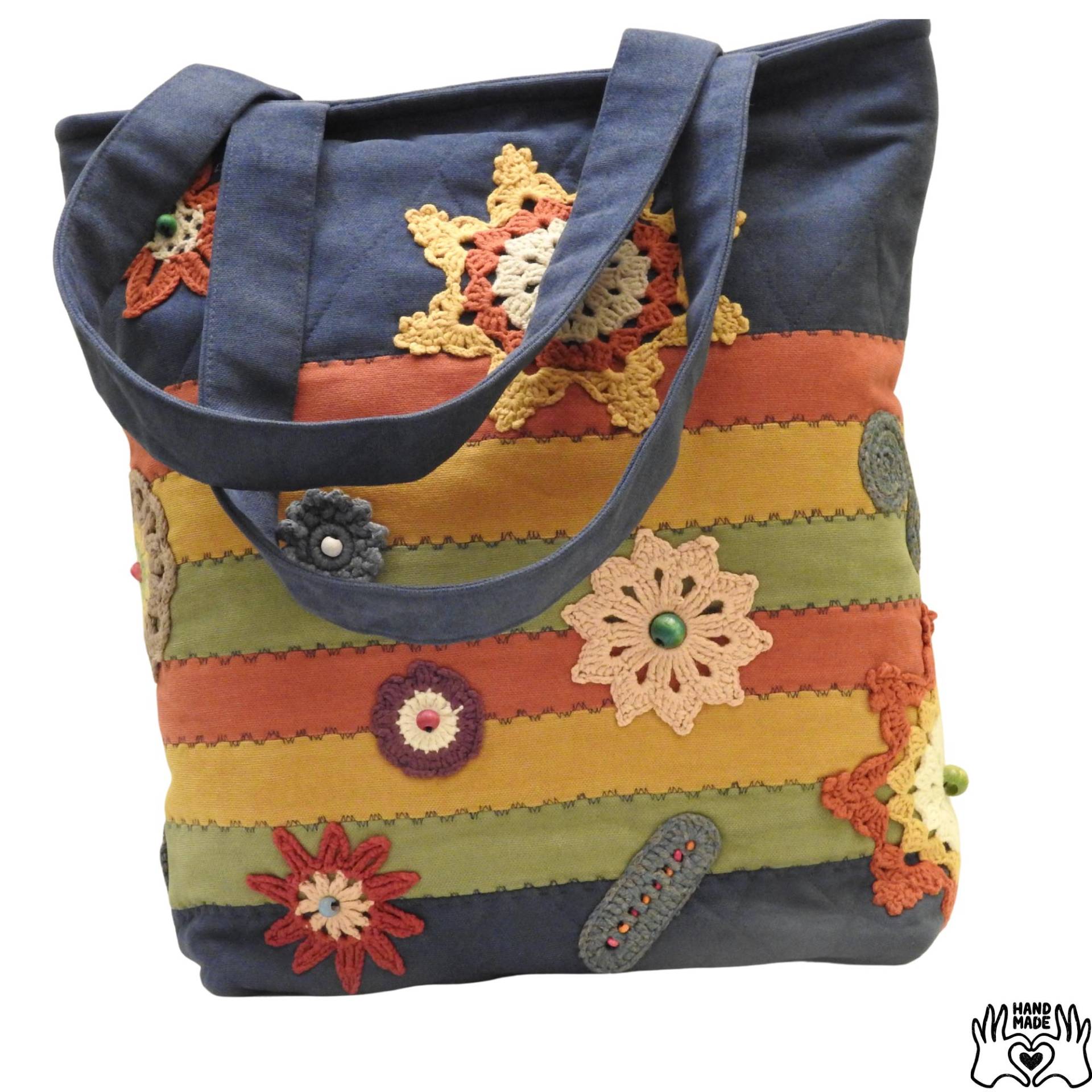 Bunte Boho Schultertasche Mit Gehäkelten Blumenmotiven - Handmade, Reißverschluss & Verstärktem Boden von Coreexon