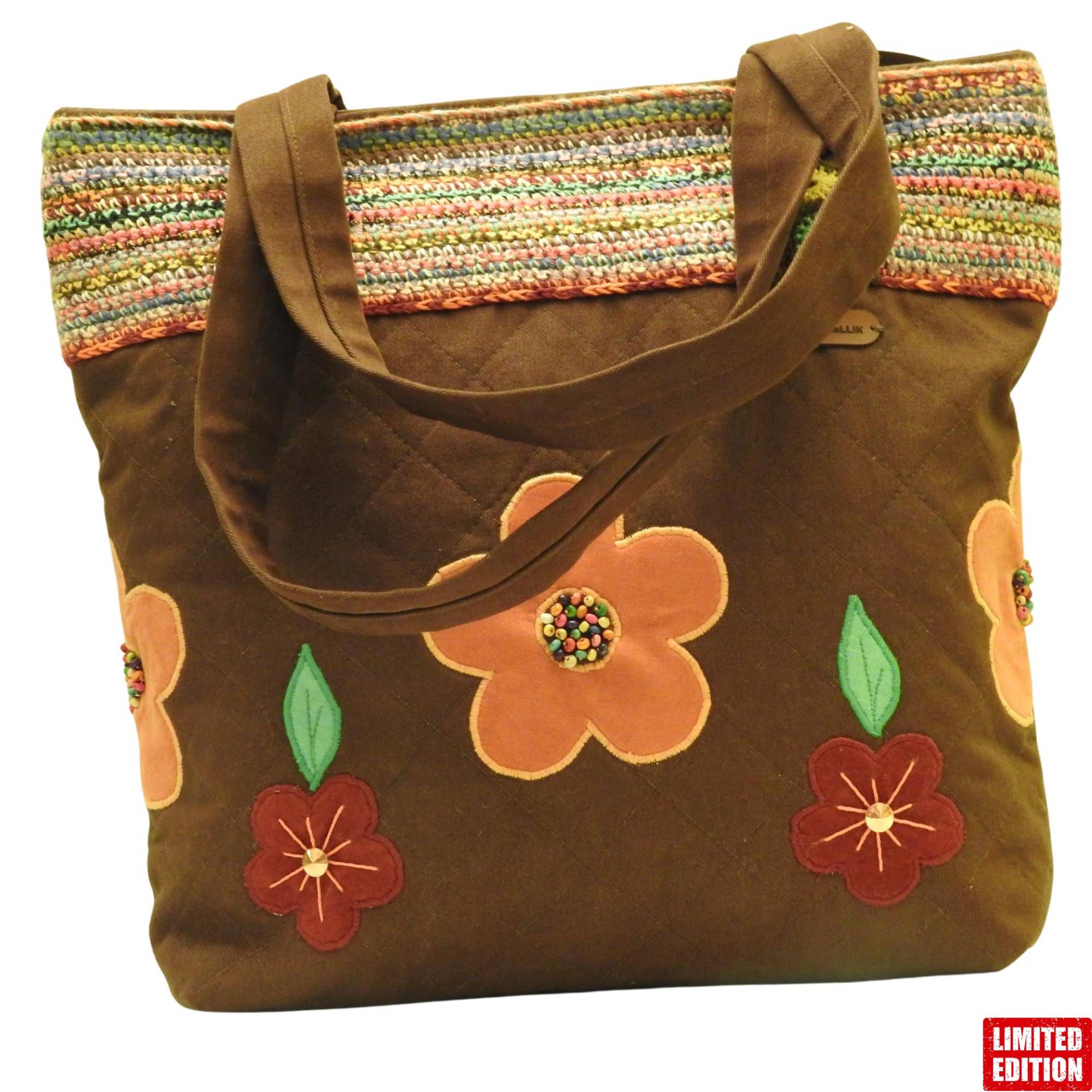 Handgemachte Schultertasche Mit Blumenapplikationen - Häkelborte, Perlendetails & Reißverschluss von Coreexon