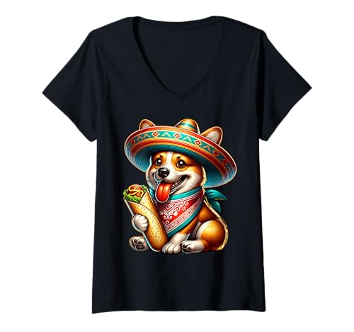 Damen Corgi Happy Cinco De Mayo Corgi T-Shirt mit V-Ausschnitt von Corgi Cinco De Mayo Damen Herren