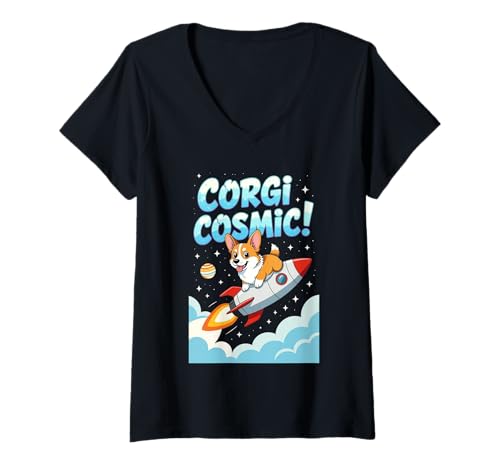 Damen Corgi Cosmic Astronaut Cartoon Dog Rocket Flying Space Art T-Shirt mit V-Ausschnitt Damen Corgi Cosmic Astronaut Cartoon Dog Rocket Flying Space Art T-Shirt mit V-Ausschnitt von Corgi Cosmic Cartoon Rocket Astronaut Hunderaum