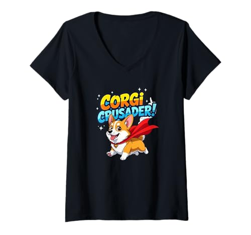 Damen Corgi Crusader Brave Heroic Funny Dog Humor Tierkunst T-Shirt mit V-Ausschnitt Damen Corgi Crusader Brave Heroic Funny Dog Humor Tierkunst T-Shirt mit V-Ausschnitt von Corgi Crusader Lustige niedliche Hund Humor