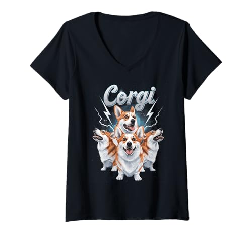 Damen Corgi Pembroke Walisisch T-Shirt mit V-Ausschnitt Damen Corgi Pembroke Walisisch T-Shirt mit V-Ausschnitt von Corgi Design