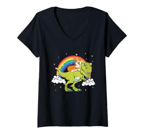 Damen Corgi Hund Dinosaurier Tyrannosaurus T-Rex Raindow Wolke T-Shirt mit V-Ausschnitt Damen Corgi Hund Dinosaurier Tyrannosaurus T-Rex Raindow Wolke T-Shirt mit V-Ausschnitt von Corgi Dino Action