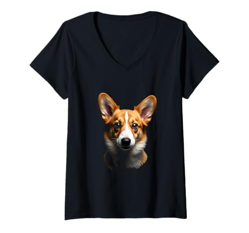 Damen Corgi-Hunde-Corgi-Gesicht, Schwarz T-Shirt mit V-Ausschnitt Damen Corgi-Hunde-Corgi-Gesicht, Schwarz T-Shirt mit V-Ausschnitt von Corgi Fun Designs