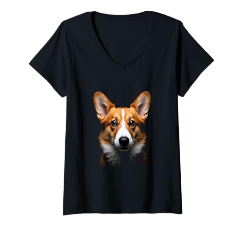 Damen Corgi-Hunde-Corgi-Gesicht, Schwarz T-Shirt mit V-Ausschnitt Damen Corgi-Hunde-Corgi-Gesicht, Schwarz T-Shirt mit V-Ausschnitt von Corgi Fun Designs