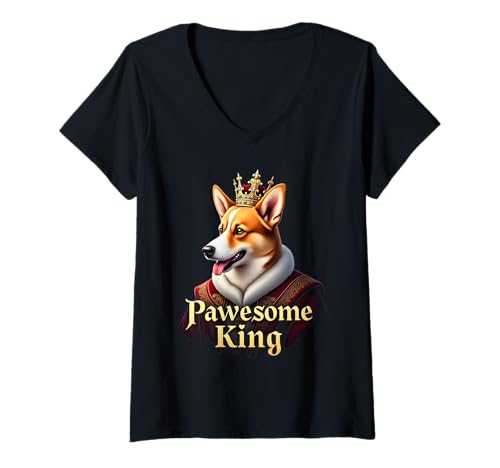 Damen Lustige Pawesome Welsh Corgi King Dog Art T-Shirt mit V-Ausschnitt Damen Lustige Pawesome Welsh Corgi King Dog Art T-Shirt mit V-Ausschnitt von Corgi Fun Designs