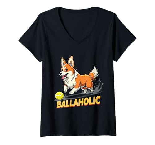 Damen Lustiger Ballaholic Welsh Corgi Dog Chasing Ball T-Shirt mit V-Ausschnitt Damen Lustiger Ballaholic Welsh Corgi Dog Chasing Ball T-Shirt mit V-Ausschnitt von Corgi Fun Designs