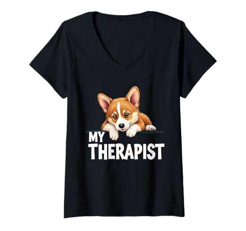 Damen Lustiger Welpe My Therapist Welsh Corgi Dog T-Shirt mit V-Ausschnitt Damen Lustiger Welpe My Therapist Welsh Corgi Dog T-Shirt mit V-Ausschnitt von Corgi Fun Designs