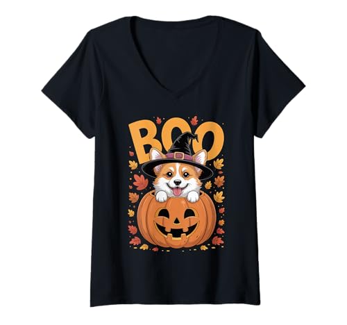 Damen Pembroke Kostüm auf Kürbis Halloween Corgi T-Shirt mit V-Ausschnitt Damen Pembroke Kostüm auf Kürbis Halloween Corgi T-Shirt mit V-Ausschnitt von Corgi Halloween kids, women, men