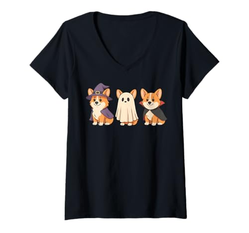 Damen Corgi Halloween Kostüm T-Shirt mit V-Ausschnitt Damen Corgi Halloween Kostüm T-Shirt mit V-Ausschnitt von Corgi Halloweenkostüm Süß Gruselig