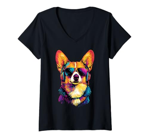 Damen Corgi mit Sonnenbrille Welsh Corgi Hunde Süße Waliser Corgis T-Shirt mit V-Ausschnitt Damen Corgi mit Sonnenbrille Welsh Corgi Hunde Süße Waliser Corgis T-Shirt mit V-Ausschnitt von Corgi Liebhaber Motiv für Corgi Frauchen Herrchen