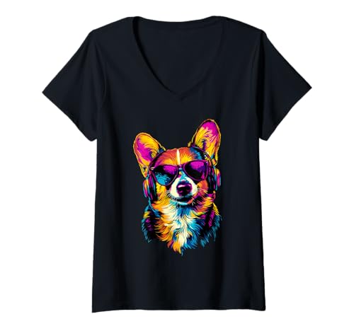 Damen Corgi mit Sonnenbrille Welsh Corgi Hunde Süße Waliser Corgis T-Shirt mit V-Ausschnitt Damen Corgi mit Sonnenbrille Welsh Corgi Hunde Süße Waliser Corgis T-Shirt mit V-Ausschnitt von Corgi Liebhaber Motiv für Corgi Frauchen Herrchen