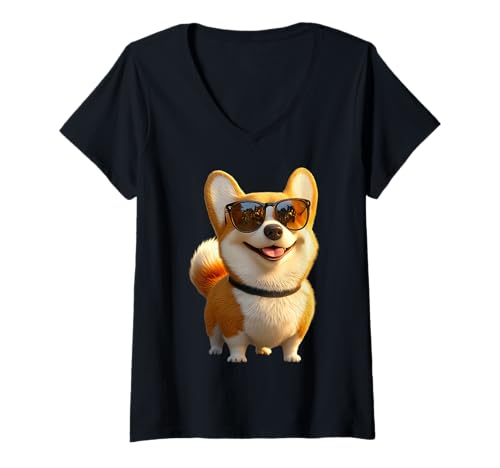 Damen Corgi mit Sonnenbrille Welsh Corgi Hunde Süße Waliser Corgis T-Shirt mit V-Ausschnitt von Corgi Liebhaber Motiv für Corgi Frauchen Herrchen