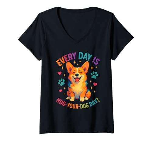 Damen Umarme deinen Hund Corgi T-Shirt mit V-Ausschnitt Damen Umarme deinen Hund Corgi T-Shirt mit V-Ausschnitt von Corgi Love