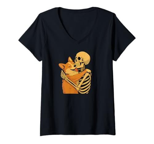 Damen Skelett umarmt Corgi T-Shirt mit V-Ausschnitt Damen Skelett umarmt Corgi T-Shirt mit V-Ausschnitt von Corgi Mom Messy Bun Tee