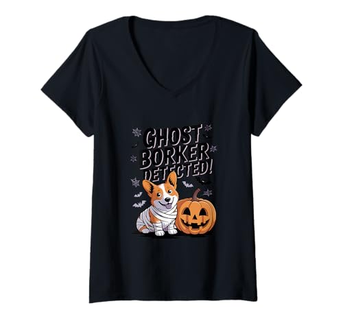 Damen Corgi Mummy & Pumpkin Halloween Ghost Borker Detected Lustig T-Shirt mit V-Ausschnitt Damen Corgi Mummy & Pumpkin Halloween Ghost Borker Detected Lustig T-Shirt mit V-Ausschnitt von Corgi Mummy