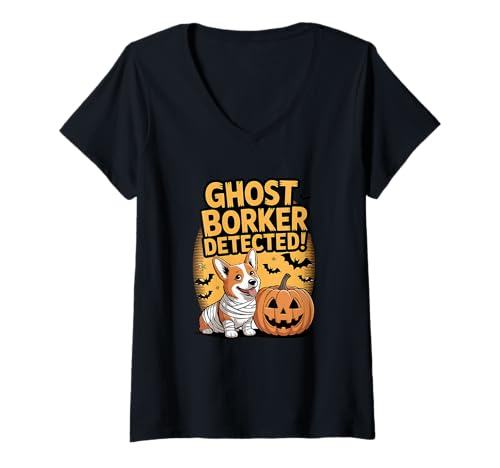 Damen Corgi Mummy & Pumpkin Halloween Ghost Borker Detected Lustig T-Shirt mit V-Ausschnitt Damen Corgi Mummy & Pumpkin Halloween Ghost Borker Detected Lustig T-Shirt mit V-Ausschnitt von Corgi Mummy