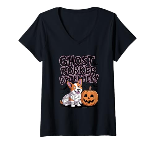 Damen Corgi Mummy & Pumpkin Halloween Ghost Borker Detected Lustig T-Shirt mit V-Ausschnitt Damen Corgi Mummy & Pumpkin Halloween Ghost Borker Detected Lustig T-Shirt mit V-Ausschnitt von Corgi Mummy
