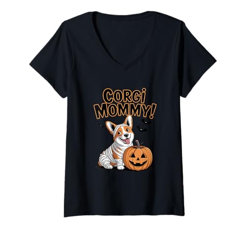 Damen Niedliche Mama Corgi und Kürbis Halloween Geist lustig T-Shirt mit V-Ausschnitt Damen Niedliche Mama Corgi und Kürbis Halloween Geist lustig T-Shirt mit V-Ausschnitt von Corgi Mummy
