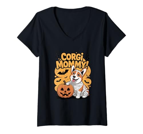 Damen Niedliche Mama Corgi und Kürbis Halloween Geist lustig T-Shirt mit V-Ausschnitt Damen Niedliche Mama Corgi und Kürbis Halloween Geist lustig T-Shirt mit V-Ausschnitt von Corgi Mummy